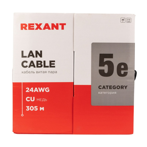 картинка Кабель витая пара U/UTP,  CAT 5e, PE,  4PR,  24AWG, OUTDOOR, SOLID,  черный,  305 м,  REXANT от магазина Сантехстрой