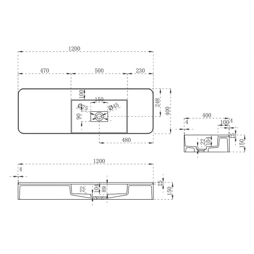 картинка Раковина Solid Surface Vincea VWB-6S412MW, 1200*400*150, подвесная, цвет белый матовый от магазина Сантехстрой