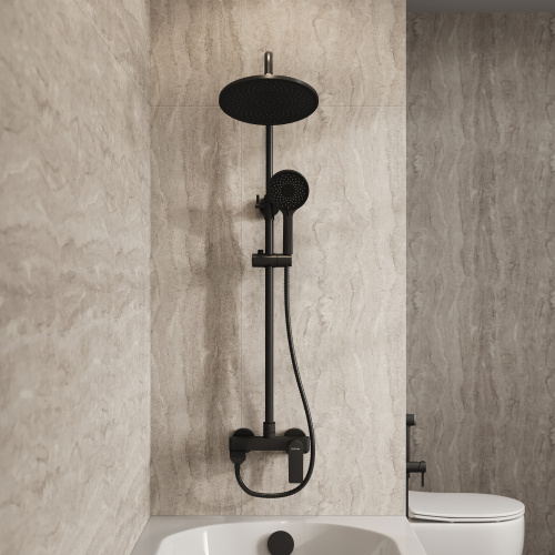 картинка Душевая стойка Galaxy 500.K35.01.210 с верхним душем, ручной лейкой и смесителем, черный матовый от магазина Сантехстрой