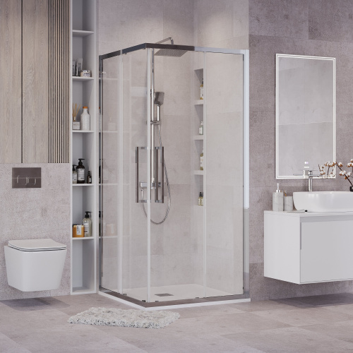картинка Душ.ограждение 300.K33.02.9090.10.00 Cosmo (90*90*195) квадрат,раздвижная,хром,стекло прозрачное,1м от магазина Сантехстрой