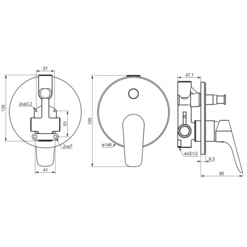 фото 777100300 jupiter, смеситель монтируемый в стену ванной - душевой (черный)