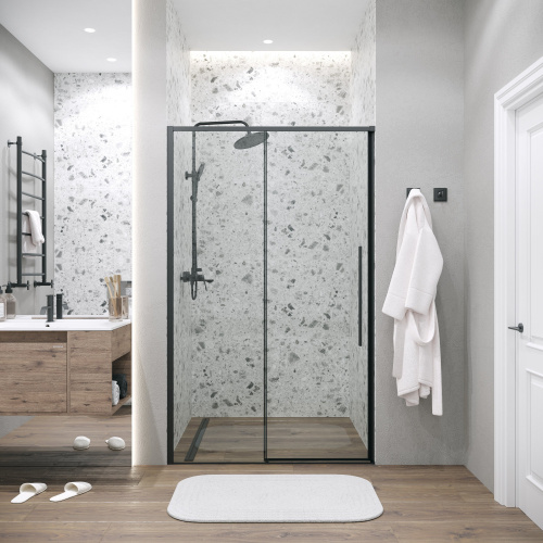 картинка Дверь в нишу 100.K33.01.120.21.00 Galaxy (120*195) черный матовый, стекло прозрачное, 1 место от магазина Сантехстрой