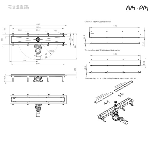 картинка W01SC-U11-060-04BM MasterFlow Трап для душа линейный универс затвор Tile 60см цвет черн мат от магазина Сантехстрой