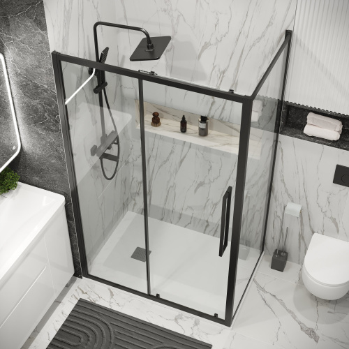 картинка Душевая перегородка 200.K33.02.90.21.00 Cosmo (90*195) черный матовый, стекло прозрачное, 1 место от магазина Сантехстрой