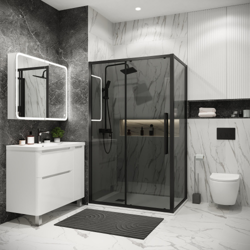 картинка Душевая перегородка 200.K33.02.90.21.10 Cosmo (90*195) черный матовый, стекло тонированное, 1 место от магазина Сантехстрой