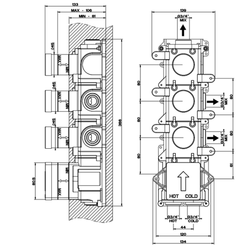 картинка Gessi Внутренняя часть встраиваемого термостатического смесителя с 3мя независимыми выходами от магазина Сантехстрой