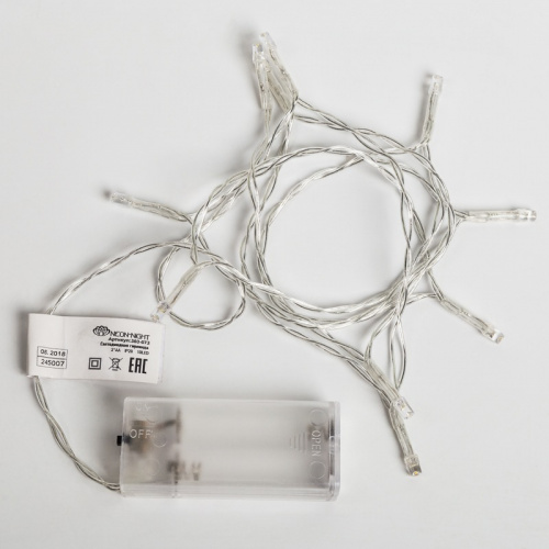 картинка Гирлянда светодиодная универсальная 10 LED,  1,2 метра,  прозрачный ПВХ,  теплое белое свечение,  батарейки 2хАА NEON-NIGHT от магазина Сантехстрой