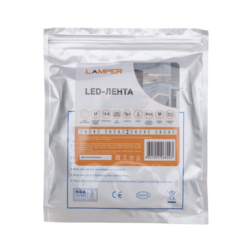 картинка Лента светодиодная 12В,  SMD5050, 14,4Вт/м,  60 LED/м,  6500К,  10мм,  3м,  для БП с клеммами,  IP20 LAMPER от магазина Сантехстрой