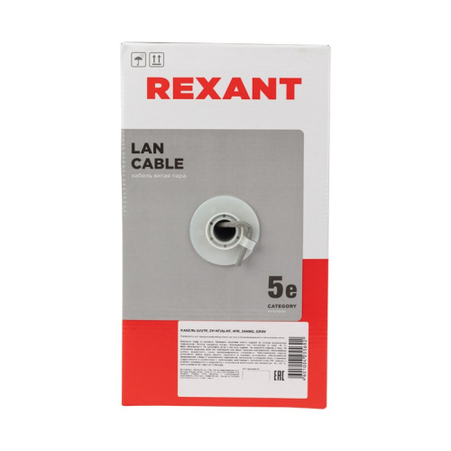 картинка Кабель витая пара U/UTP,  CAT 5e,  ZH нг(А)-HF,  4PR,  24AWG, INDOOR, SOLID,  серый,  305 м,  REXANT от магазина Сантехстрой