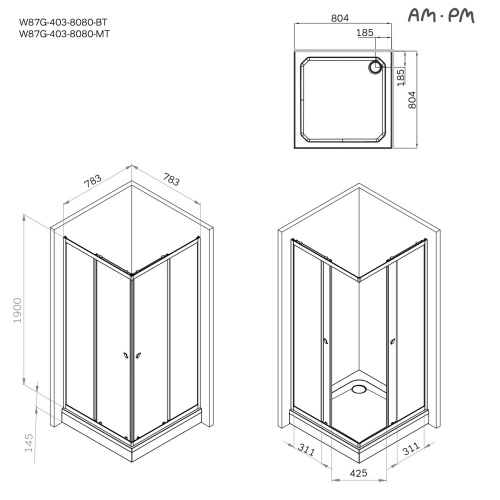 картинка W87G-403-8080-BT Sunny душ огражд квадратн, раздвижн двери 80x80 черный,стекло прозрачн от магазина Сантехстрой