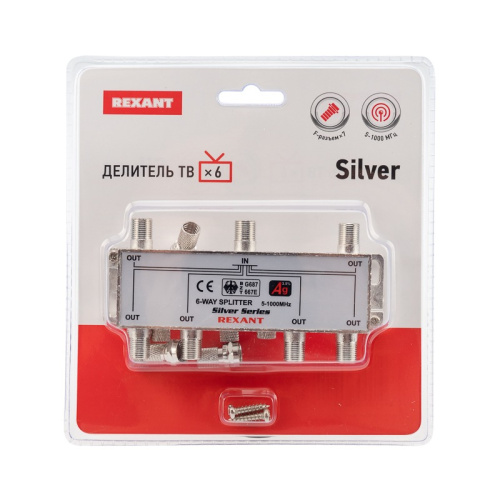 картинка Делитель ТВ x 6 + 7шт.  F BOX 5-1000МГц Silver REXANT от магазина Сантехстрой