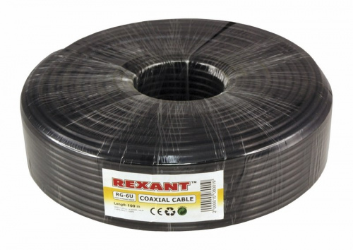 картинка Кабель коаксиальный RG-6U+Cu,  75 Ом, Cu/Al/Cu,  64%,  100 м,  черный OUTDOOR,  REXANT от магазина Сантехстрой