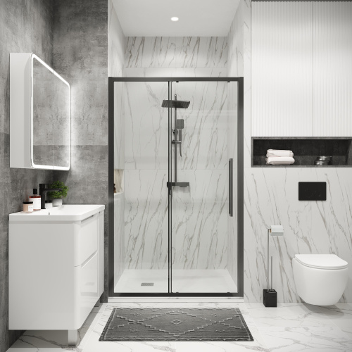 картинка Дверь в нишу 100.K33.02.130.42.00 Cosmo (130*195) графит сатин, стекло прозрачное, 1 место от магазина Сантехстрой