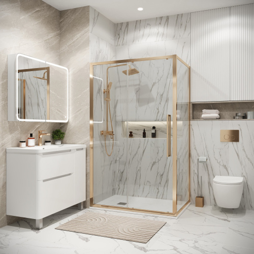 картинка Душевая перегородка 200.K33.02.80.32.00 Cosmo (80*195) золото сатин, стекло прозрачное, 1 место от магазина Сантехстрой