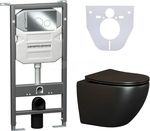 картинка Комплект Унитаз подвесной Ceramica Nova Metropol CN4002MB безободковый, с микролифтом + Система инсталляции для унитазов Ceramica Nova Envision Round CN1001CH кнопка черная матовая и шумоизоляционной панелью от магазина Сантехстрой