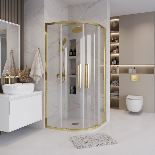 картинка Душ.ограждение 301.K33.02.9090.32.00 Cosmo (90*90*195) полукруг,раздвижн,золото сатин,стекло прозрач от магазина Сантехстрой