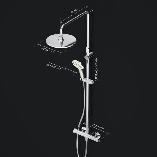 картинка F0780464 Like,душ.система набор:см-ль д/душа термостат,верх.душ d250 мм, ручной душ 120 мм, 3 функци от магазина Сантехстрой