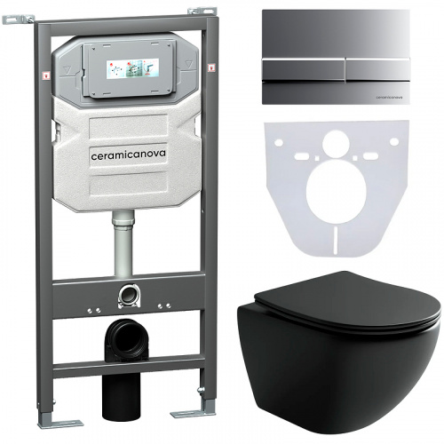 картинка Комплект унитаза с инсталляцией Ceramica Nova Metropol CN4002MB_1002M_1000 с сиденьем Микролифт и клавишей смыва Хром матовый от магазина Сантехстрой
