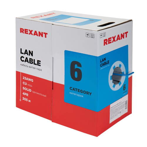 картинка Кабель витая пара U/UTP,  CAT 6, PVC,  23AWG, INDOOR, SOLID,  синий,  305 м,  REXANT от магазина Сантехстрой