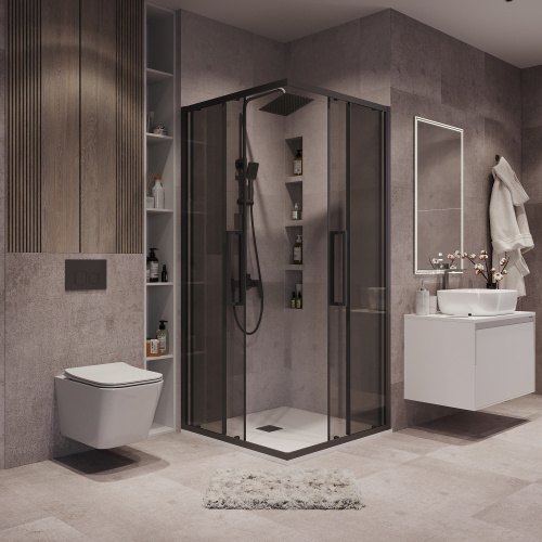картинка Душ.ограждение 300.K33.02.9090.21.10 Cosmo (90*90*195) квадрат,раздвижн,черн. матов,стекло тонирован от магазина Сантехстрой