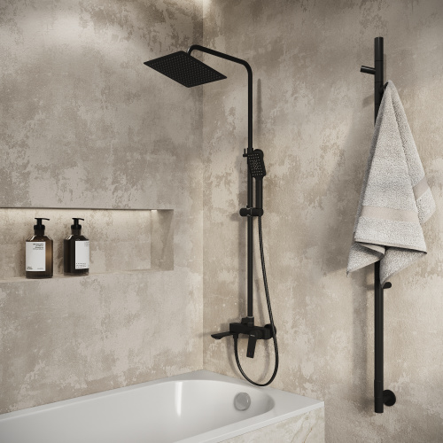 картинка Душевая стойка Cosmo 500.K35.02.210 с верхним душем, ручной лейкой и смесителем, черный матовый от магазина Сантехстрой