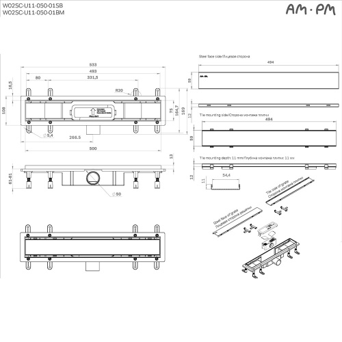 картинка W02SC-U11-050-04BM PrimeFlow Трап для душа линейный универс затвор Tile 50см цвет черн мат от магазина Сантехстрой