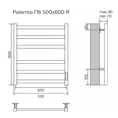 картинка Полотенцесушитель электрический AZARIO PALERMO 500/600 квадрат, 6 секций, диммер справа, белый (AZ83856W) от магазина Сантехстрой
