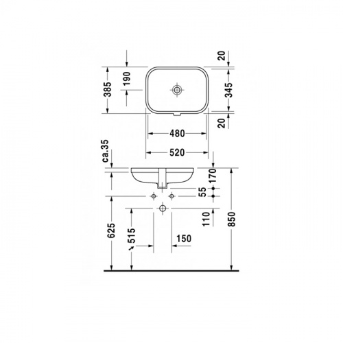 картинка DURAVIT Happy D.2  Раковина встраиваемая снизу 480х345 мм., без отверстия для смесителя, с переливом, цвет белый от магазина Сантехстрой