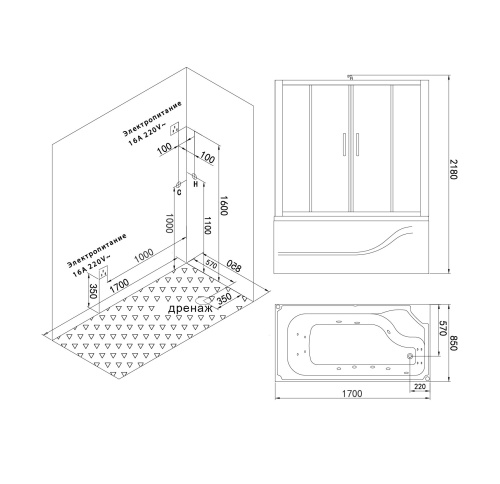 картинка Душ.каб. SSWW BU615R (1700х850х2200) С ПАРОМ и гидромассажной ванной (69 см), 3 места от магазина Сантехстрой