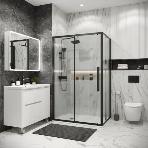 картинка Душевая перегородка 200.K33.02.90.21.02 Cosmo (90*195) черный матовый, стекло шиншилла, 1 место от магазина Сантехстрой