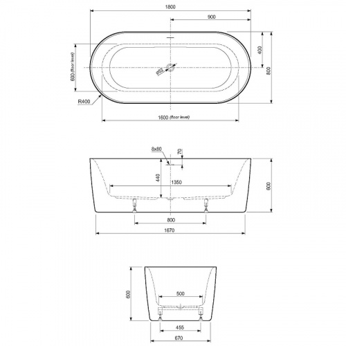 картинка Акриловая ванна Cezares Metauro 180x80 METAURO-INT-Central-180-80-60-G-W-MATT Серая матовая Белая матовая без гидромассажа от магазина Сантехстрой