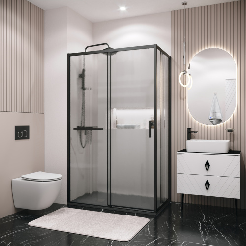 картинка Душевое ограждение Grossman Style 100.K33.05.120.21.02-200.K33.05.90.21.02 (120х90х195) раздвижная(левая),черный матовый,стекло шиншилла,2 места от магазина Сантехстрой