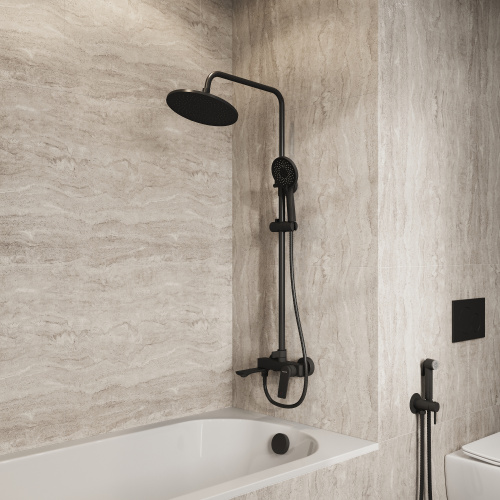 картинка Душевая стойка Galaxy 500.K35.01.210 с верхним душем, ручной лейкой и смесителем, черный матовый от магазина Сантехстрой