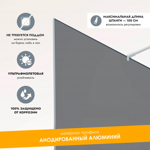 картинка Душевая перегородка, ограждение Reflexion RX200100TCR-19 Walk in 200x100см, тонированное закаленное стекло 8мм, хромированный профиль от магазина Сантехстрой