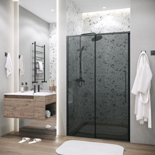 картинка Дверь в нишу 100.K33.01.110.21.10 Galaxy (110*195) черный матовый, стекло тонированное, 1 место от магазина Сантехстрой