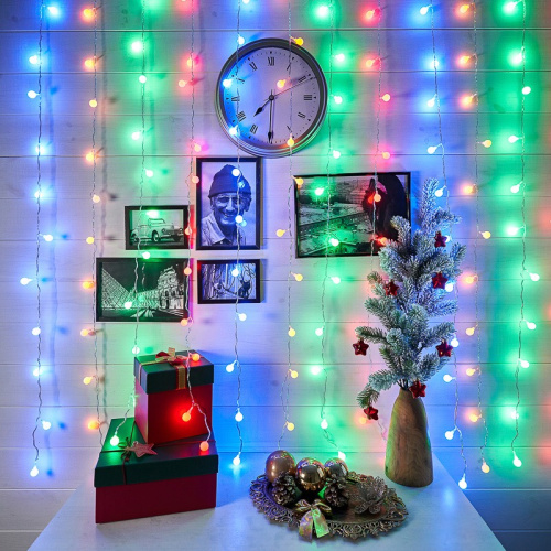 картинка Гирлянда Светодиодный Дождь 1,5х1,5 м,  с насадками шарики,  свечение с динамикой,  прозрачный провод,  230 В,  диоды Мультиколор от магазина Сантехстрой