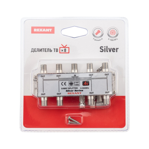 картинка Делитель ТВ х 8 + 9шт.  F BOX 5-1000МГц Silver REXANT от магазина Сантехстрой