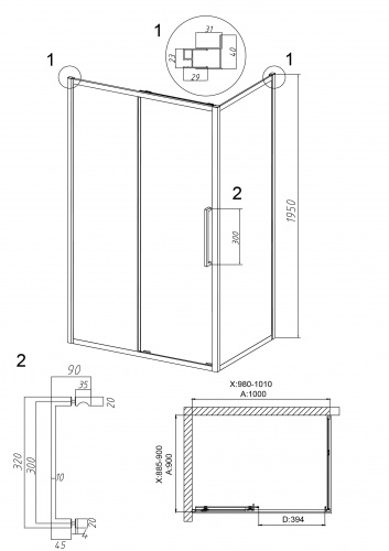 картинка Душ.ограждение 120.K33.02.1090.21.02 Cosmo (100*90*195) черный матовый, стекло шиншилла, 2 места от магазина Сантехстрой
