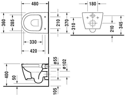 картинка Duravit ME by Starck Унитаз подвесной Compact Rimless без смывного края, с вертикальным смывом, вкл. крепление Durafix,  4,5л., 370x480мм, Цвет: Белый от магазина Сантехстрой