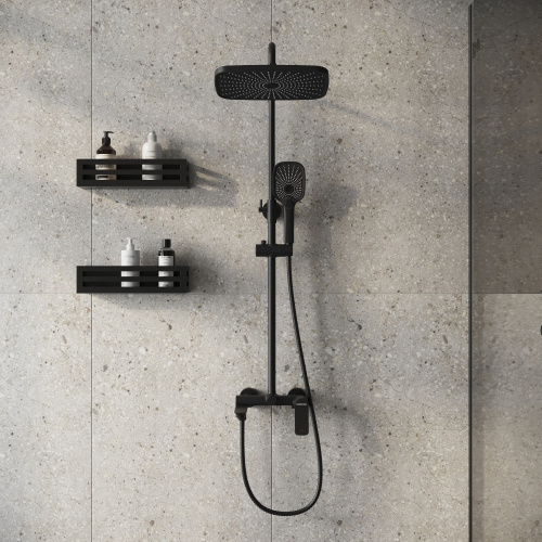 картинка Душевая стойка Advans 500.K35.09.210 с верхним душем, ручной лейкой и смесителем, черный матовый от магазина Сантехстрой