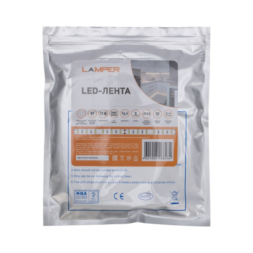 картинка Лента светодиодная 12В,  SMD5050, 14,4Вт/м,  60 LED/м,  4000К,  10мм,  5м,  для БП с клеммами,  IP20 LAMPER от магазина Сантехстрой