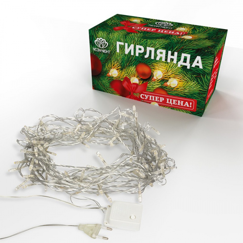 картинка Гирлянда светодиодная универсальная 100 LED ТЕПЛЫЙ БЕЛЫЙ 10 метров,  прозрачный ПВХ,  с контроллером от магазина Сантехстрой