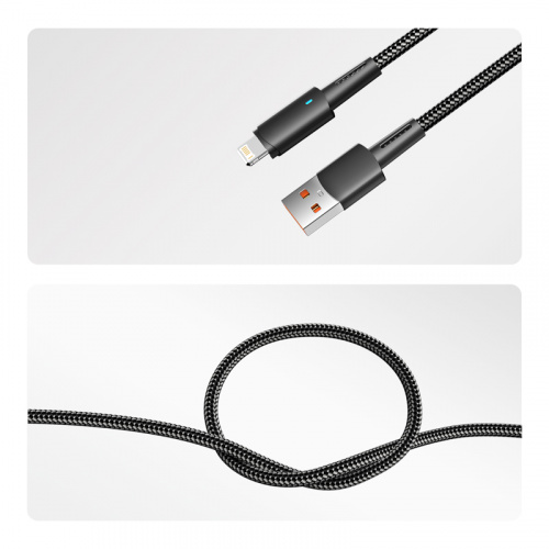 картинка Кабель USB-A – Lightning для Apple,  2,4А,  1м,  в черной нейлоновой оплетке,  со световой индикацией REXANT от магазина Сантехстрой