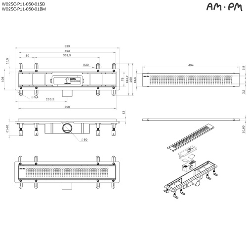 картинка W02SC-P11-050-01BM PrimeFlow Трап для душа линейный универс затвор Cut Gradient 50см цвет черн мат от магазина Сантехстрой