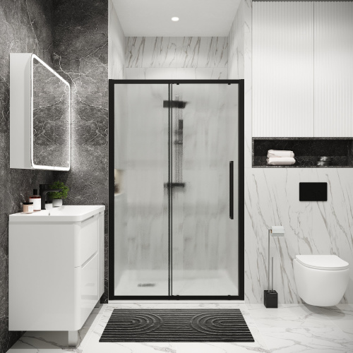 картинка Дверь в нишу 100.K33.02.100.21.02 Cosmo (100*195) черный матовый, стекло шиншилла, 1 место от магазина Сантехстрой