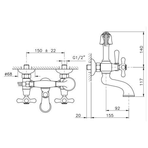 картинка Nicolazzi Nuova Brenta Смеситель для ванны с 2мя ручками, настенный, с душевой лейкой, цвет: хром от магазина Сантехстрой
