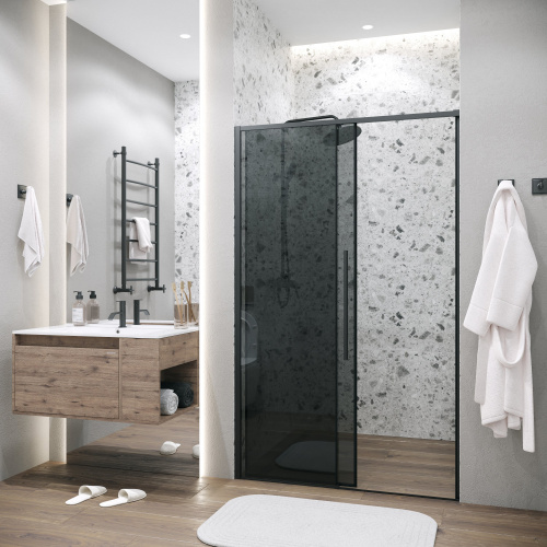 картинка Дверь в нишу 100.K33.01.110.21.10 Galaxy (110*195) черный матовый, стекло тонированное, 1 место от магазина Сантехстрой