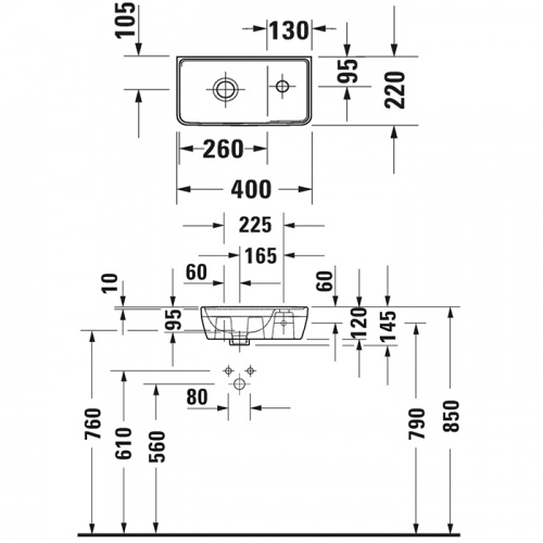 картинка Duravit D-Neo Раковина 400  мм, без перелива, с 1 отв. под смеситель справа, цвет: белый от магазина Сантехстрой