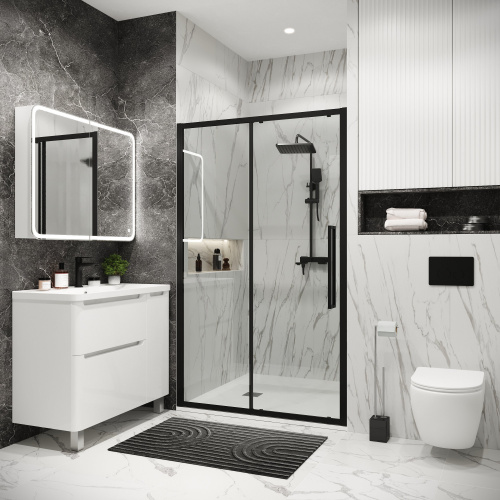 картинка Дверь в нишу 100.K33.02.100.21.00 Cosmo (100*195) черный матовый, стекло прозрачное, 1 место от магазина Сантехстрой