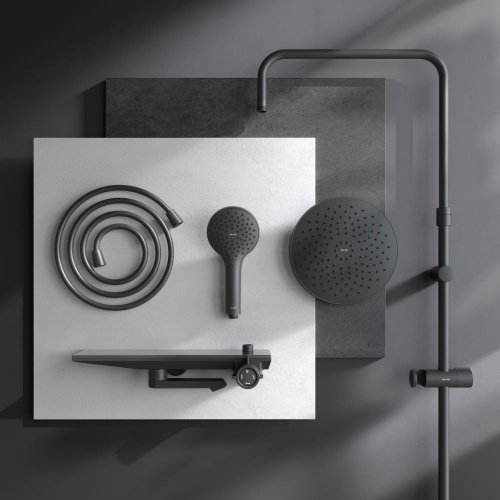 картинка F0790722 Gem, душ.система: см-ль-полка д/ванны/душа, душ.штанга, верхн. душ 220мм, ручн.душ, черн от магазина Сантехстрой